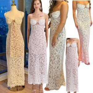🆕 SELF-PORTRAIT 🧿 NWOT Crystal Trimmed White Fine Lace Maxi Dress, Sz US8 UK12
